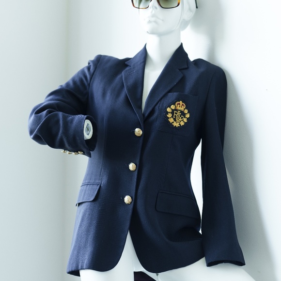 RALPH LAUREN Vintage Wool Blazer, Navy blue Gold Crown Crest, Size 4 P / 2 R - Picture 6 of 11